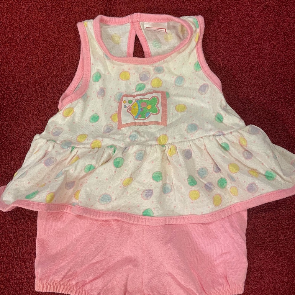Buster Brown infant pink & white one-piece; sleeveless with colorful fish design